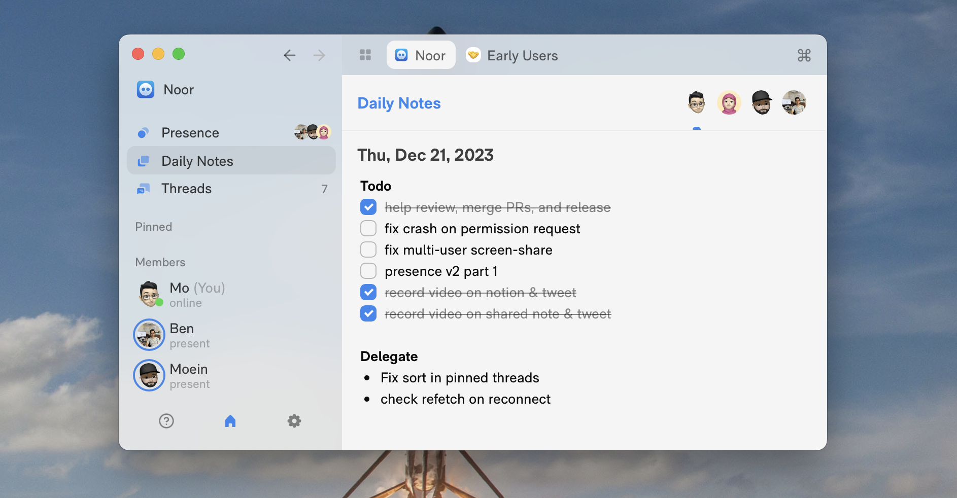 Screen-shot of new daily notes user experience